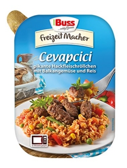 Buss Cevapcici - pikante Hackfleischröllchen mit Balkangemüse und Reis, 12er Pack (12 x 300 g) - 1