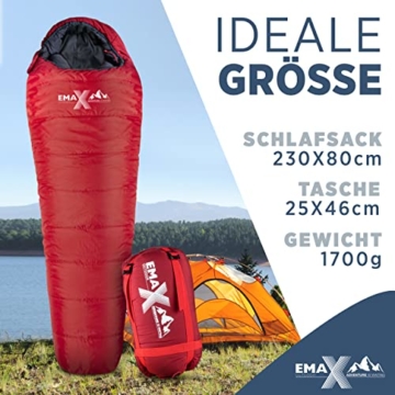 EMAX | Outdoor Mumienschlafsack – 230cm Schlafsack Winter -10° C - Kompakter Schlafsack Outdoor für Camping, Wandern und Bergsteigen - Ultraleichter Schlafsack kleines Packmaß - Praktische Gadgets - 2