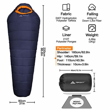 Forceatt Schlafsack, 3 bis 4 Jahreszeiten Deckenschlafsack Schlafsack für Camping, Reisen und Outdoor-Aktivitäten, Erwachsene und Jugendliche in 0 ℃ bis 20 ℃, Wasserdichter-Leicht-Warm-Atmungsaktiv. - 2