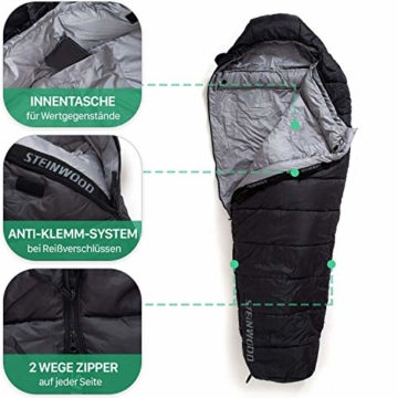 Steinwood Premium Schlafsack koppelbar extra breit 3-4 Season 210cm - Outdoor-Schlafsack, Mumien-Schlafsack, Hütten-Schlafsack (3/4 Season - Anthrazit - Zipper Beidseitig) - 3