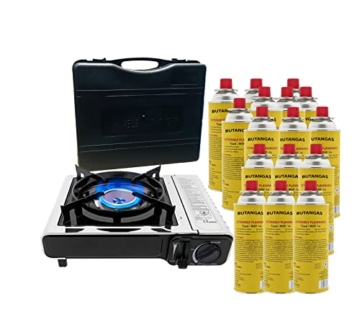 Clearfee Edelstahl Deluxe Gaskocher Set | tragbarer Campingkocher | Gaskartuschen Kocher | Gaskocher Set (Gaskocher + 16x Gaskartuschen) - 1