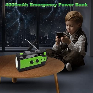 Efluky Solar Radio AM/FM/NOAA Kurbelradio Tragbar USB Wiederaufladbar Notfallradio mit 4000mAh Power Bank, Led Taschenlampe, SOS Alarm und Leselicht für Camping, Survival, Reisen, Notfall (Grün) - 4