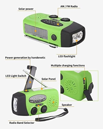 FAOKZE Solar Radio,Tragbar Kurbelradio Radio, 2000 mAh Draussen Camping Radio Solarbetriebenes Radio AM/FM mit Taschenlampe Funktion für Camping Ourdoor (Grün) - 3