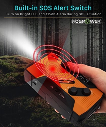 FosPower tragbares Radio 2000mAh (Modell- A1) Solar/Handkurbel/Batteriebetrieben Notfall Kurbelradio Externer Akku mit USB-Ladeanschluss, SOS und LED Taschenlampe fur Wandern, draussen - 7