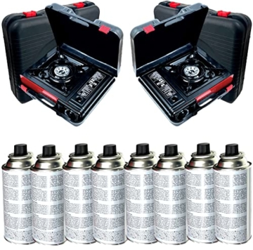 Gaskocher mit Kartusche I 2er XXL Set I für Camper Campingkocher mit Gaskartusche Outdoor Camping Gas Kocher Survival 2 x Gaskocher mit 8 x Gasflaschen je 227g + Tragekoffer - 1