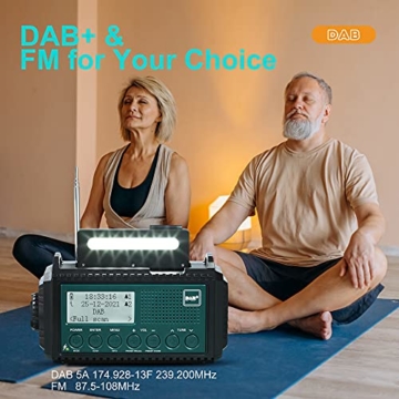 Kurbelradio DAB/UKW mit 5000mAh Akku Wiederaufladbare, Tragbare Solar Radio mit Taschenlampe & Leselicht, DAB+/FM Dynamo Baustellenradio IPX4, Notfall Radio und SOS-Alarm für Wandern, Camping, Outdoor - 4