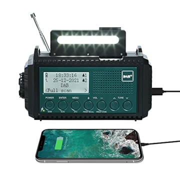 Kurbelradio DAB/UKW mit 5000mAh Akku Wiederaufladbare, Tragbare Solar Radio mit Taschenlampe & Leselicht, DAB+/FM Dynamo Baustellenradio IPX4, Notfall Radio und SOS-Alarm für Wandern, Camping, Outdoor - 1