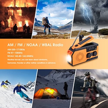 Kurbelradio mit Batterie Notfall Ausrüstung, 5000mAh Tragbare Solar Kurbelradio Notfall Weltempfänger mit Handyladefunktion AM FM mit Taschenlampe, Leselampen, SOS-Alarm, Wasserdicht, Wandern, Camping - 7