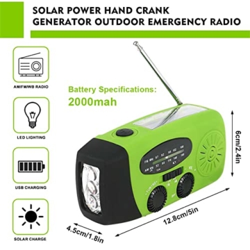Tragbare Solar Radio, Handkurbelradio Dynamo Notfall Set 2000 mAh Draussen Camping Radio Solarbetriebenes Radio AM/FM mit Taschenlampe Funktion, Grün - 2