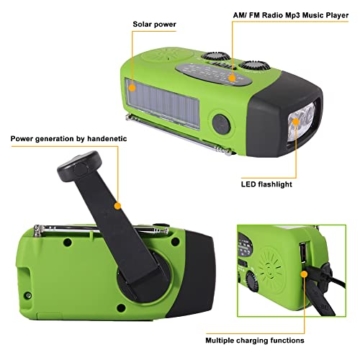 Tragbare Solar Radio, Handkurbelradio Dynamo Notfall Set 2000 mAh Draussen Camping Radio Solarbetriebenes Radio AM/FM mit Taschenlampe Funktion, Grün - 3