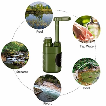 Wasserfilter Outdoor, 5000L Survival Camping Wasserfilter für Trinkwasser, Tragbarer Wasseraufbereiter für Prepper Notfall Ausrüstung (Armeegrün) - 7