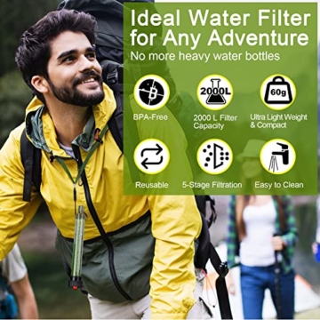 Wasserfilter Outdoor Tragbarer Mini 2000L für Camping Survival, Persönlicher Wasseraufbereiter Trinkwasser Strohhalm Trinkwasserfilter Outdoor Entfernen Bakterien & Schadstoffe, für Wandern Notfall - 2