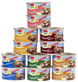 12 Dosen a 125g Dosenwurst, 6 Sorten je 2 Dosen, insgesamt 1,5 kg , Lebensmittelvorrat Konserven - 1