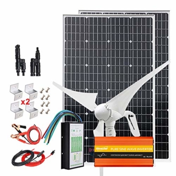 600 Watt Solar-Windset, 12 V, Komplett-Set mit 2000 W Inverter: 1 x 400 W Windturbinengenerator + 2 x 100 W Mono-Solarpanel, hohe Effizienz + PWM-Laderegler + Kabel + Halterung - 1