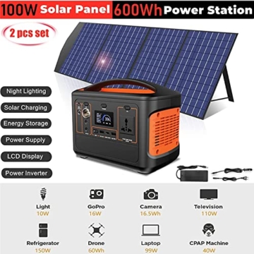 600W-Kraftwerk mit 100-W-Solarpanel,zusammenklappbarer Solarplatine und Energiespeicher-Stromversorgungsgenerator für Wohnmobil-Camping,Outdoor-Abenteuer,Notfall(Power Station& Solar Panel- Orange) - 2