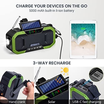AirGearPro Kurbelradio mit Handyladefunktion Solar, 5000 mAh Powerbank mit USB-Ausgang, FM/AM, Dynamo, IPX5 wasserdicht, LED-Taschenlampe, Notfallradio ideal für Outdoor, Reisen, Wandern - 2