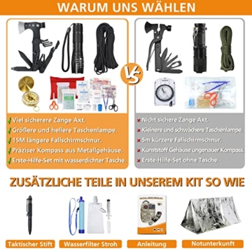 Außen Notfall Survival Kit mit Erste Hilfe Set, WayinTop 180PCS Survival Ausrüstung mit Wasserfilter Stroh Multi-Tool Hammer Axt, Geschenke für Männer Camping/Abenteuer/Wandern im Freien (Schwarz) - 4