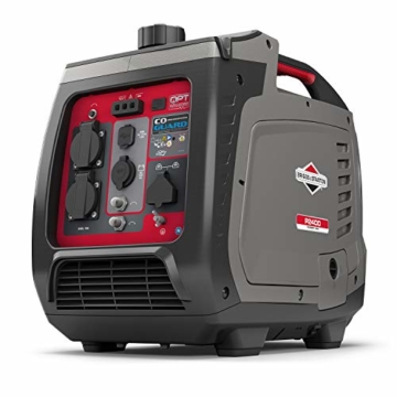 Briggs & Stratton 030800 Benzin Inverter Stromerzeuger Generator der PowerSmart Serie P2400 mit 2400 Watt/1800 Watt sauberem Strom, ultraleise und leichtgewichtigise, W, 230 V, Grau / Rot - 2