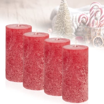 Candelo 4er Set Kerzen Ambiente Rustic Stumpenkerzen - Rot - große Rustik Kerze 12cm - lange Brenndauer ca. 54 Stunden Weihnachtskerzen Adventskranz - 1
