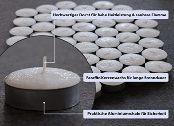 Feinknick Teelichter 50 Stück in weiß - Teelichter mit langer Brenndauer, rußfrei, aus hochwertigem Paraffin Teelichter Wachs - Kerzen & Teelichter Großpackung ideal für Teelichtofen - 3