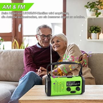 Fwiull Solar Radio, 10000mAh kurbelradio Tragbar Notfall Radio mit AM/FM, Wiederaufladbare Powerbank,LED Taschenlampe & Leseleuchte& SOS Alarm& Kompass für Wandern, Camping, Outdoor, Angeln, Notfall - 4