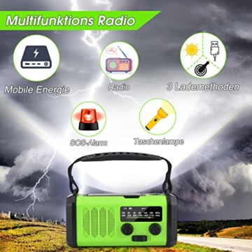Fwiull Solar Radio, 10000mAh kurbelradio Tragbar Notfall Radio mit AM/FM, Wiederaufladbare Powerbank,LED Taschenlampe & Leseleuchte& SOS Alarm& Kompass für Wandern, Camping, Outdoor, Angeln, Notfall - 5