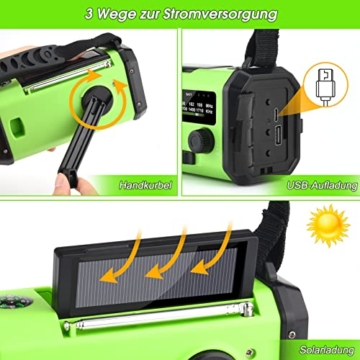Fwiull Solar Radio, 10000mAh kurbelradio Tragbar Notfall Radio mit AM/FM, Wiederaufladbare Powerbank,LED Taschenlampe & Leseleuchte& SOS Alarm& Kompass für Wandern, Camping, Outdoor, Angeln, Notfall - 6