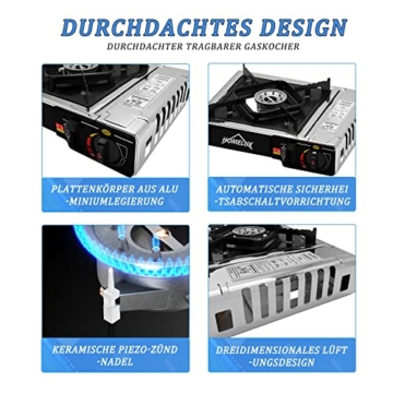 Gaskocher HOMELUX Campingkocher mit gaskartusche,Edelstahl gaskocher mit kartusche,camping kocher mit Tragekoffer,Camping Küche Kocher,für Grill Camper im Outdoor Camping(JY 500A-Silver+8) - 3