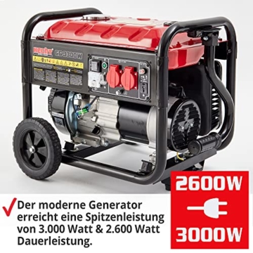HECHT Notstromaggregat – 3000W– Stromaggregat mit Fahrwerk – 7,0 PS Benzin 4-Takt Motor – 2x 230V – 1x 12V – Ölmangelschutz – 15 l Tank – Tankanzeige – Stromerzeuger für mobile Stromversorgung - 2