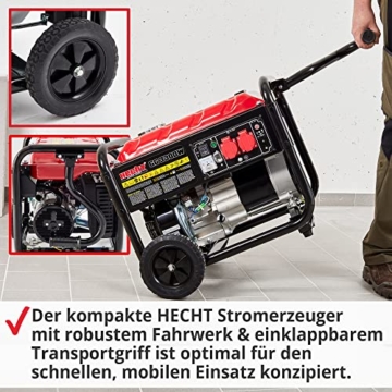 HECHT Notstromaggregat – 3000W– Stromaggregat mit Fahrwerk – 7,0 PS Benzin 4-Takt Motor – 2x 230V – 1x 12V – Ölmangelschutz – 15 l Tank – Tankanzeige – Stromerzeuger für mobile Stromversorgung - 4