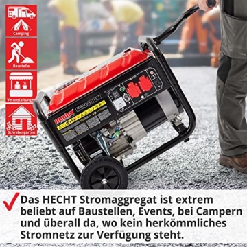 HECHT Notstromaggregat – 3000W– Stromaggregat mit Fahrwerk – 7,0 PS Benzin 4-Takt Motor – 2x 230V – 1x 12V – Ölmangelschutz – 15 l Tank – Tankanzeige – Stromerzeuger für mobile Stromversorgung - 6