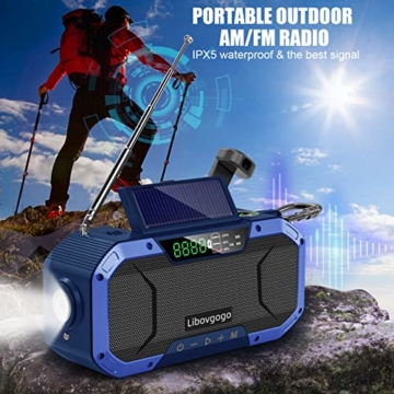 Libovgogo Notfall-Radio mit Handyladefunktion Solar,Tragbares FM/AM Solar-Kurbelradio mit Taschenlampe LED-Leselampe 5000mAh Powerbank,IPX5 wasserdicht Outdoor Camping Dynamo-Radio - 2