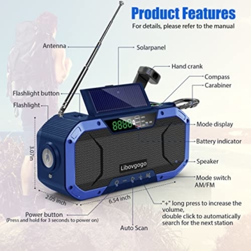 Libovgogo Notfall-Radio mit Handyladefunktion Solar,Tragbares FM/AM Solar-Kurbelradio mit Taschenlampe LED-Leselampe 5000mAh Powerbank,IPX5 wasserdicht Outdoor Camping Dynamo-Radio - 5