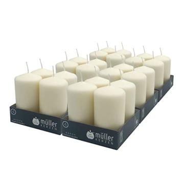 Müller Stumpenkerzen - Set mit 24 Säulenkerzen - Elfenbein - 48 x 90 mm - Brenndauer: 16 St - Tropffrei Wachskerzen, Ohne Duft - BSS Brandschutz - RAL - 1