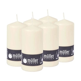 Müller Stumpenkerzen - Set mit 6 Säulenkerzen - Farbe Elfenbein - 68 x 135 mm - Lange Brenndauer: 40 Stunden - Tropffrei Wachskerzen, Ohne Duft - BSS Brandschutz - RAL Qualität - 1