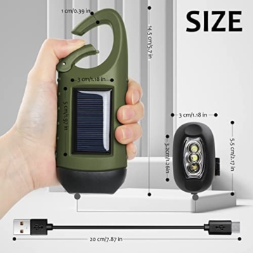 PKKP Handkurbel Wiederaufladbare Taschenlampe, 2PCS Solar LED Taschenlampe mit Powerbank, Dynamo Taschenlampe USB Aufladbar mit Wandern Schnalle, Taschenlampe Kurbel für Notfall/Outdoor/Camping - 2