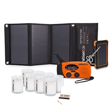 ration1 Stromausfall Paket Basis - Notfallset UKW Kurbelradio mit Lampe, Solarzelle, Dynamo - Kerzen, Streichhölzer - Powerbank mit LED Lampe, Solarzelle, induktives Laden – faltbares Solarpanel - 1