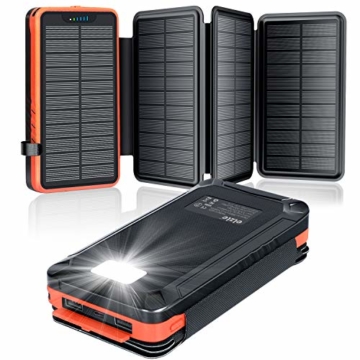 Solar Powerbank 26800mAh, elzle Solar Ladegerät mit 2 USB-Ausgangsport & 1 USB-Eingangsport, Outdoor Wasserfester Externer Akku mit 4 Solarpanels und Taschenlampe Für Smartphones Tablets Camping - 1