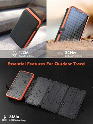 Solar Powerbank 26800mAh, elzle Solar Ladegerät mit 2 USB-Ausgangsport & 1 USB-Eingangsport, Outdoor Wasserfester Externer Akku mit 4 Solarpanels und Taschenlampe Für Smartphones Tablets Camping - 6