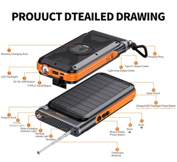 Solar Radio Powerbank 20000mAh Wireless FM Weather Radio Charger Portable Outdoor External Battery mit 5 Ausgängen Kompatibel mit Allen Smartphones, Tablets und USB-Geräten - 8