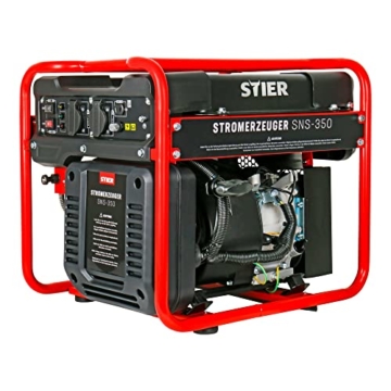 STIER Stromerzeuger SNS-350, Strom Generator, 13l Tankvolumen, 38 Kg, Stromerezuger leise mit 69 dB(A), 4-Takt Motor, Inverter Stromaggregat, mit Ölsensor, Laufzeit bis zu 8 Stunden, max. 3500 W - 1
