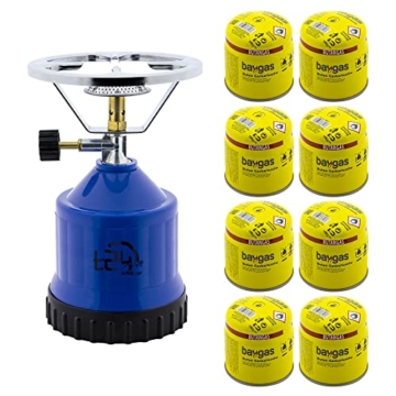T24 CAMPINGKOCHER BLAU / Kohleanzünder / Solider Körper aus Plastik / Gaskocher Notfallausrüstung Stromausfall / Camping / Gaskocher mit Gaskartuschen(Blau mit 8 x Gas) - 1