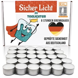 Teelichter 30 Stück, Extra Lange Brenndauer 8h gesamt 240h, Sicher in der Anwendung, Hülle feuerfest aus Aluminium, flackerarm und rußarm, RAL geprüft - 1