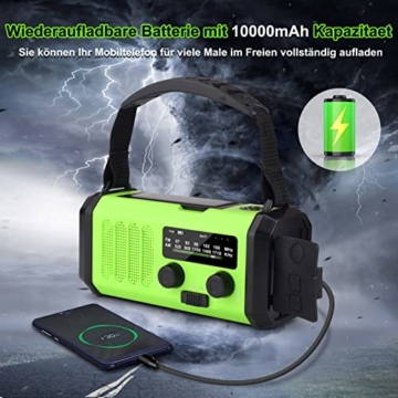 Tragbar Solar Radio, Kurbelradio AM/FM Notfallradio mit 10000mAh Wiederaufladbar Powerbank, 3 Modi LED Taschenlampe, LED Leselampe, SOS Alarm, Handkurbel Dynamo und USB-Anschluss für Camping Ourdoor - 2