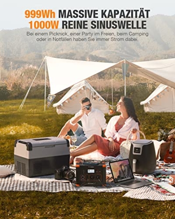 Tragbare Powerstation 1000W 999Wh Solargenerator, 10-Anschlüsse Mobile Stromerzeuger für Draußen, 2 AC-Anschlüsse, 60W USB-C PD Port, LED Licht für Camping, Stromversorgung mehrerer Geräte - 2
