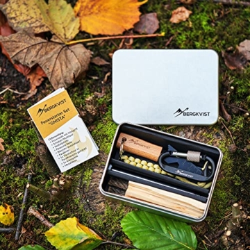 BERGKVIST® Feuerstahl Survival Set GNISTA (17-TLG.) - XXL Outdoor Ausrüstung zum Feuer Machen - Magnesium Feuerstein, Feueranzünder, Zunder, Notfall-Pfeife, Blasrohr & mehr - 5