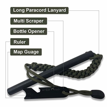 Ember Rock XXL Feuerstahl Feuerstarter - Riesiger Survival Ferrocerium Stab 152mm x 12,7mm - Paracord Lanyard mit Multi Tool Schaber - 3