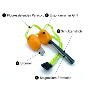 Feuerstahl, Magnesium Feuerstein Outdoor (65mm lang x ⌀9mm) mit fluoreszierendem Paracord | 10.000 Zündungen, Feuerstarter Set für Notfall, Camping, Bushcraft - 2
