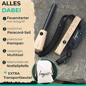 freigeist Feuerstahl | Feuerstein mit Handgefertigtem Holzgriff für noch besseren Funkenflug | Firestarter | Feuerstarter + Zunder für Feuerstahl Outdoor + Paracord + Notfallpfeife + Beutel - 3