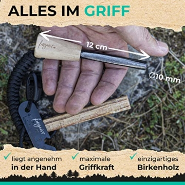 freigeist Feuerstahl | Feuerstein mit Handgefertigtem Holzgriff für noch besseren Funkenflug | Firestarter | Feuerstarter + Zunder für Feuerstahl Outdoor + Paracord + Notfallpfeife + Beutel - 4